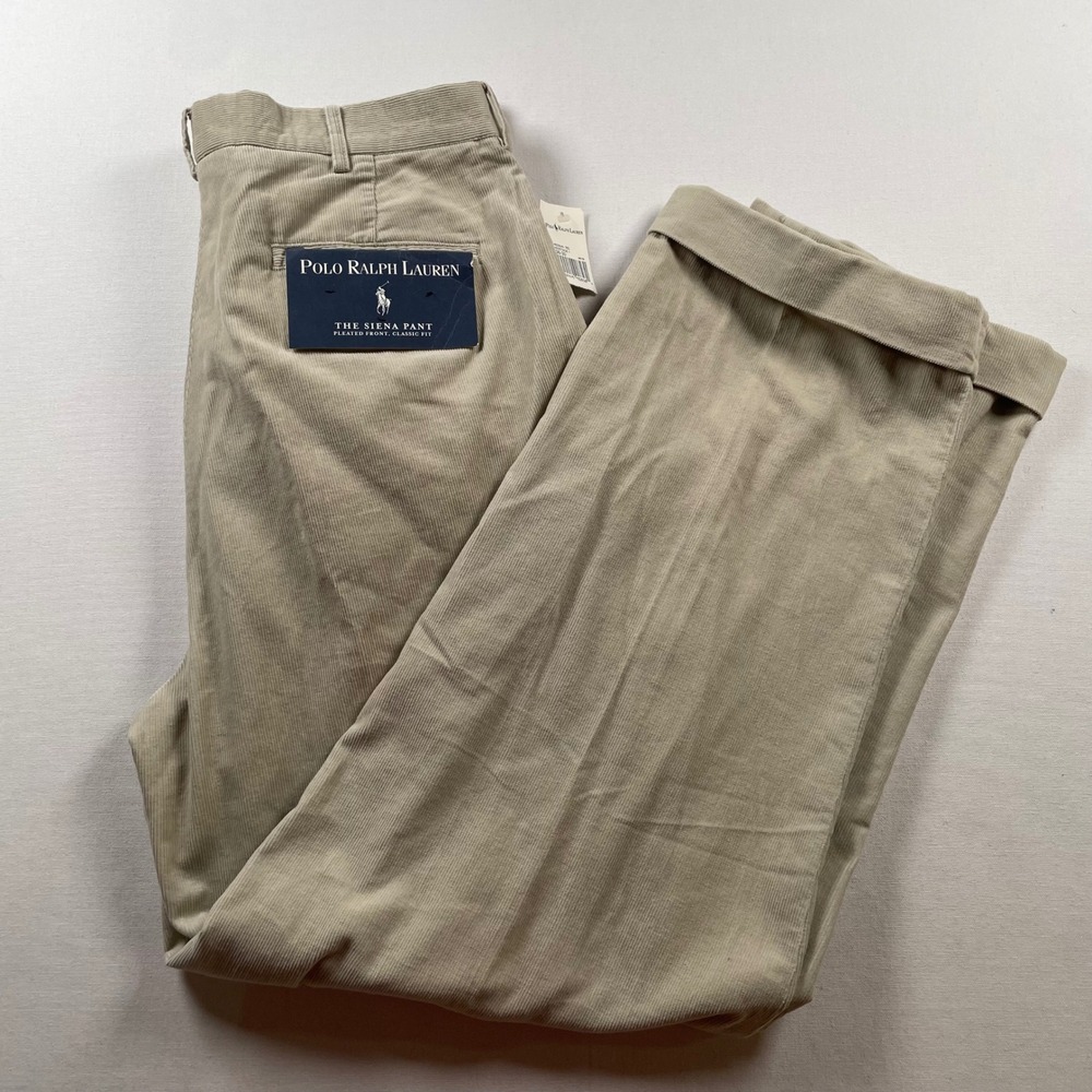 VTG Polo Ralph Lauren Siena Pant Men 36x30 Tan Beige Corduroy Pleated Cuffed New